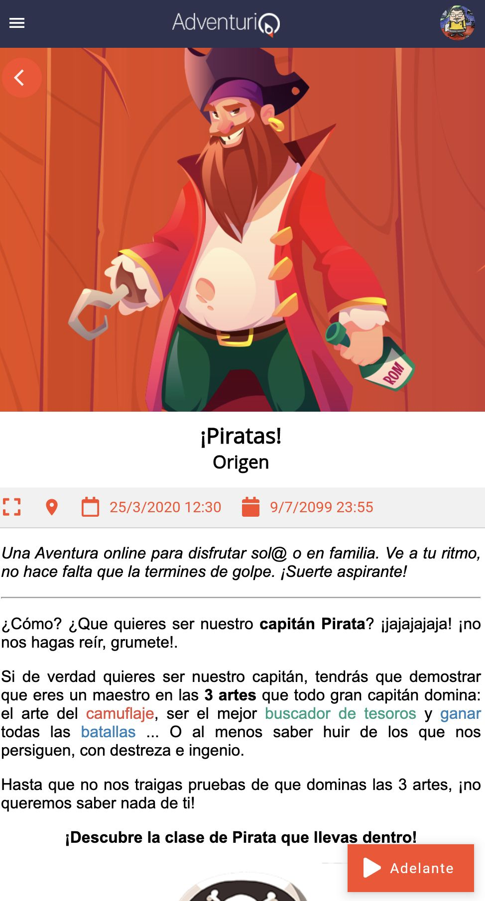 Vista móvil de la aventura con imágenes