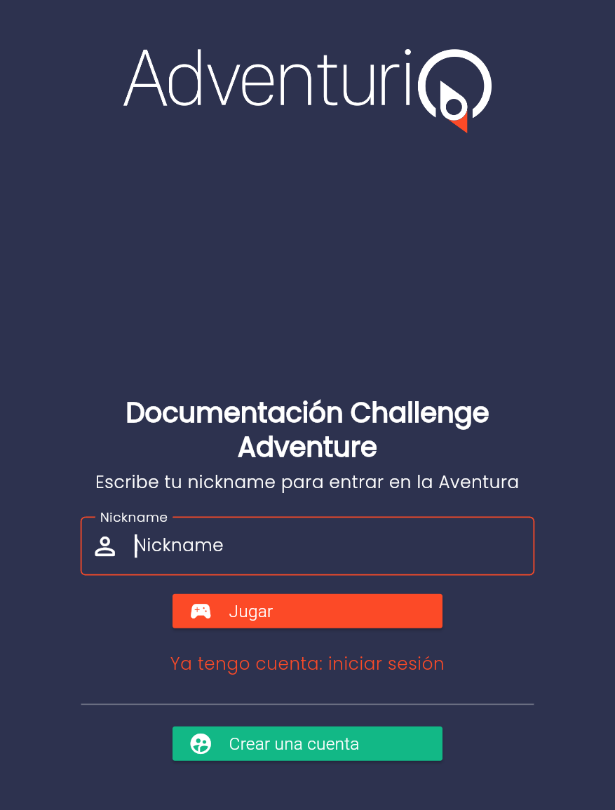 Pantalla de entrada de la Webapp con el nombre de la Aventura y el campo Nickname