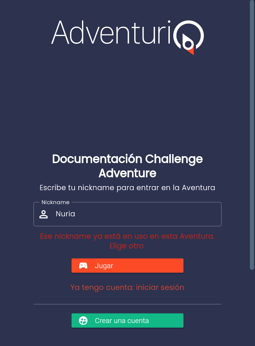 Aviso de la Webapp indicando que el nickname ya está en uso en esa Aventura