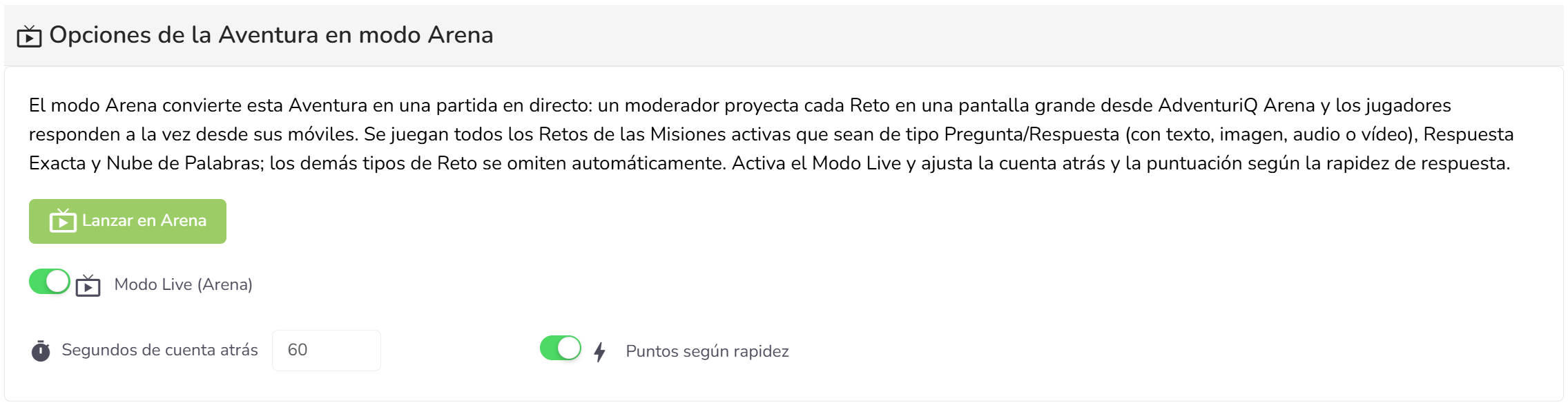 Bloque "Opciones de la Aventura en modo Arena" con el interruptor de Modo Live, el campo de segundos de cuenta atrás y el toggle de puntos por rapidez