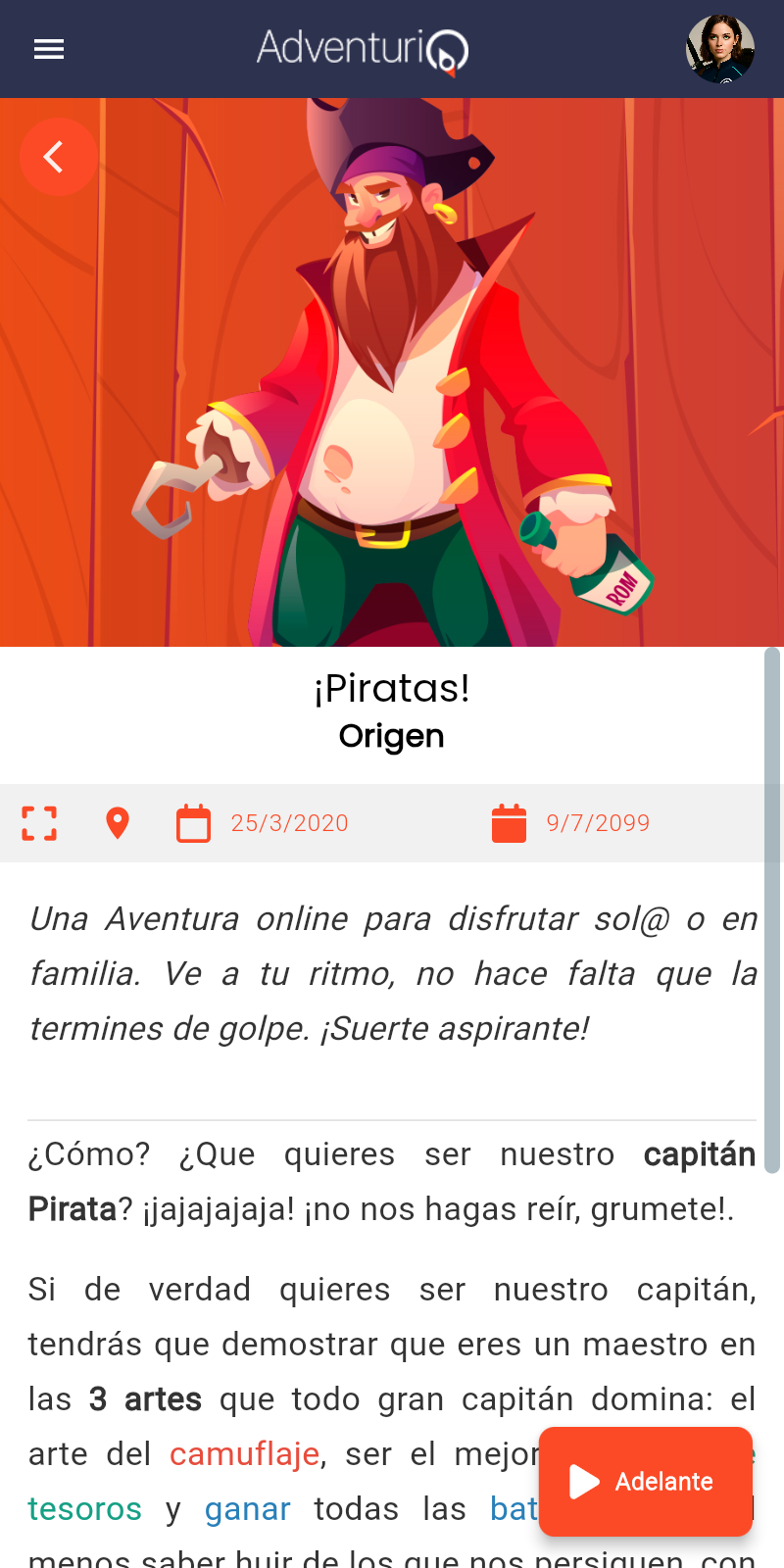 Pantalla de la Aventura tras pulsar un deep link — la vinculación ha ocurrido automáticamente y el Player ya ve la información de la Aventura