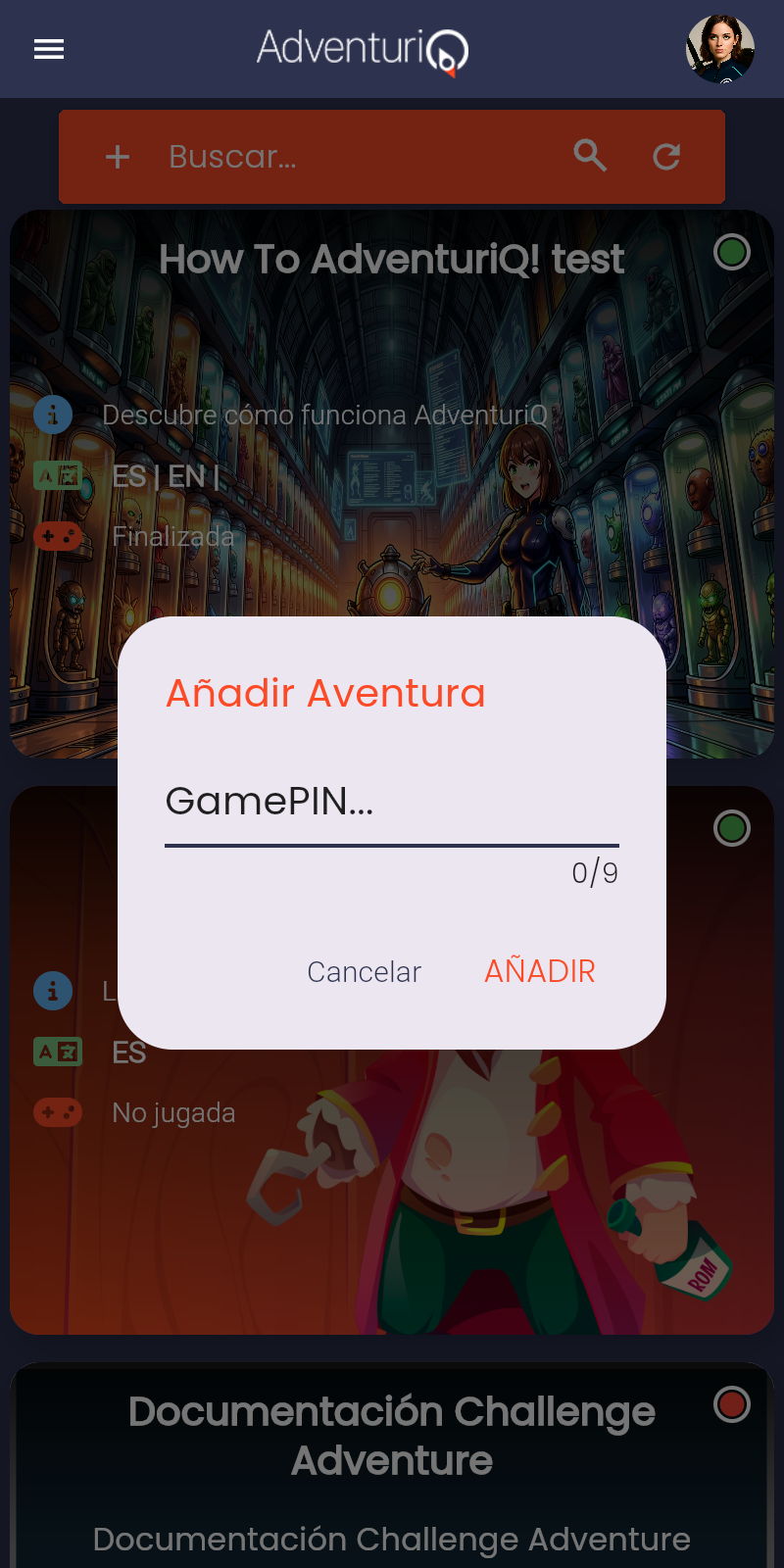 Diálogo "Añadir Aventura" con el campo vacío mostrando el placeholder "GamePIN..." y el contador 0/9