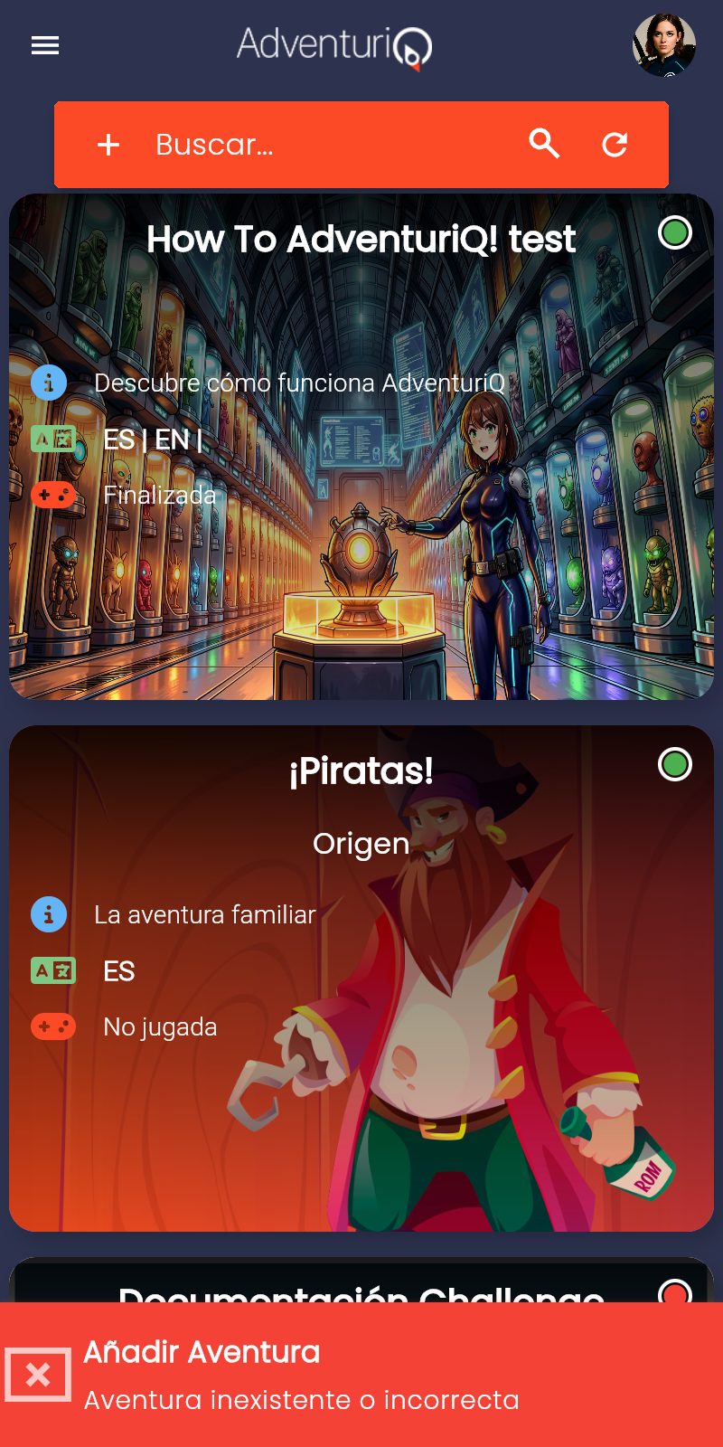 Aviso en rojo "Aventura inexistente o incorrecta" tras introducir un GamePIN no válido