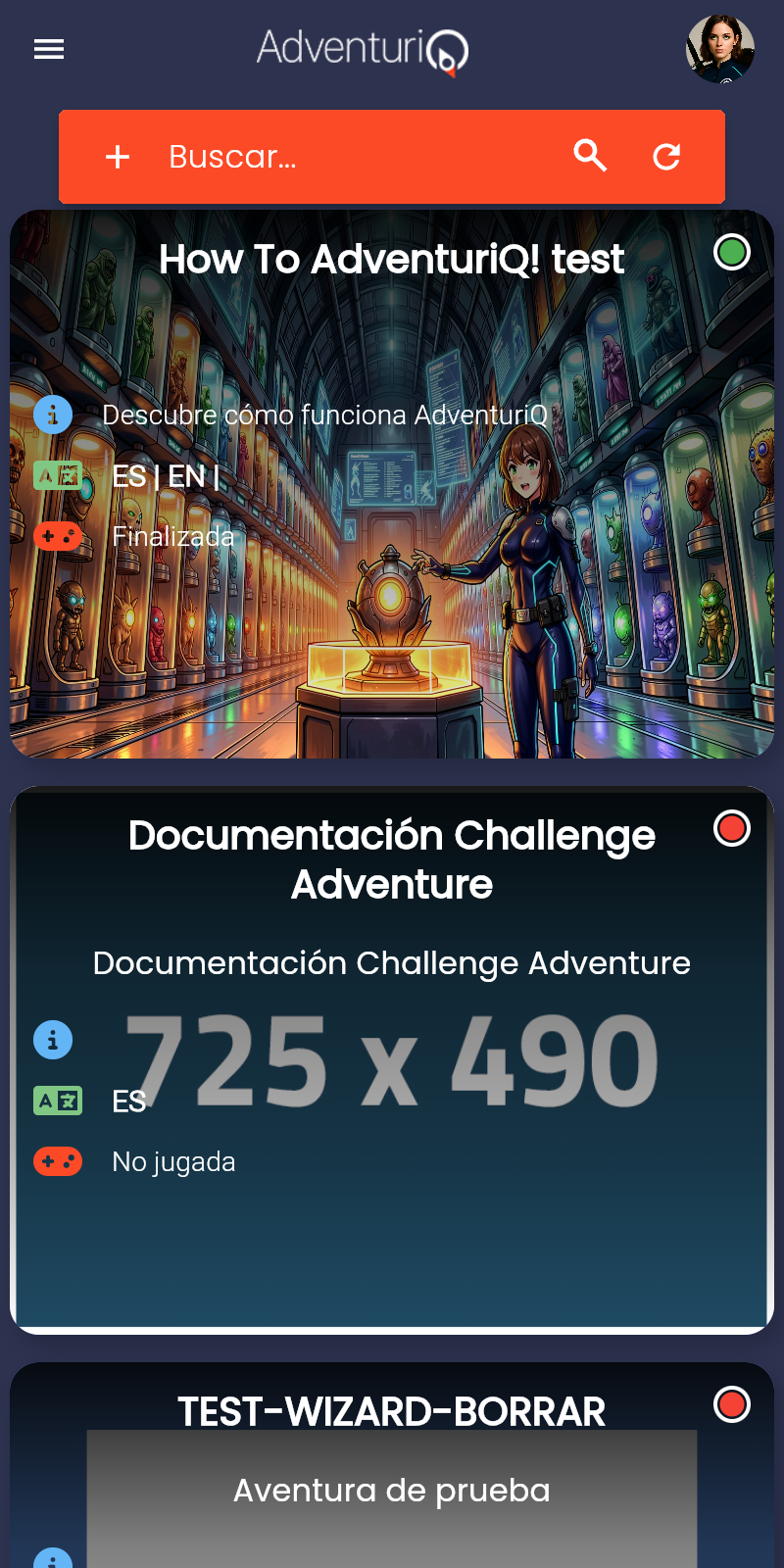 Listado de Aventuras del Player con varias Aventuras vinculadas — cada tarjeta muestra el nombre, la imagen de portada, el idioma y el estado de juego