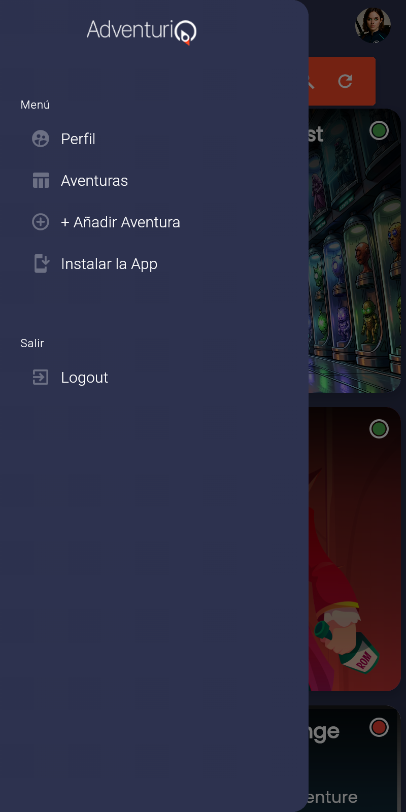 Menú lateral de la Webapp con la opción "+ Añadir Aventura" visible entre "Aventuras" e "Instalar la App"