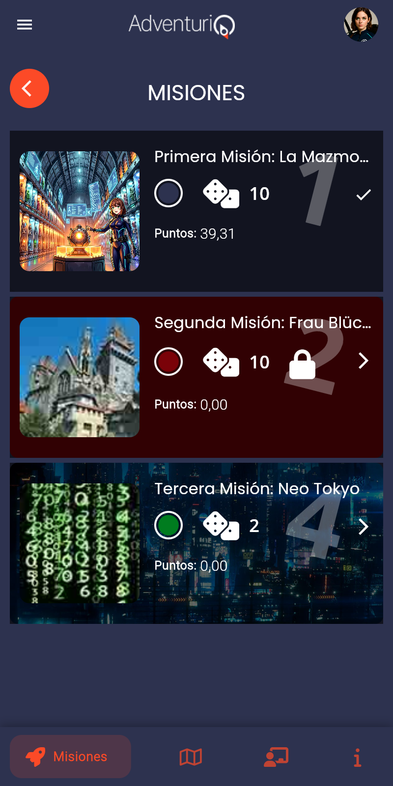 Vista del Player en la Webapp — listado de Misiones de la Aventura en formato móvil