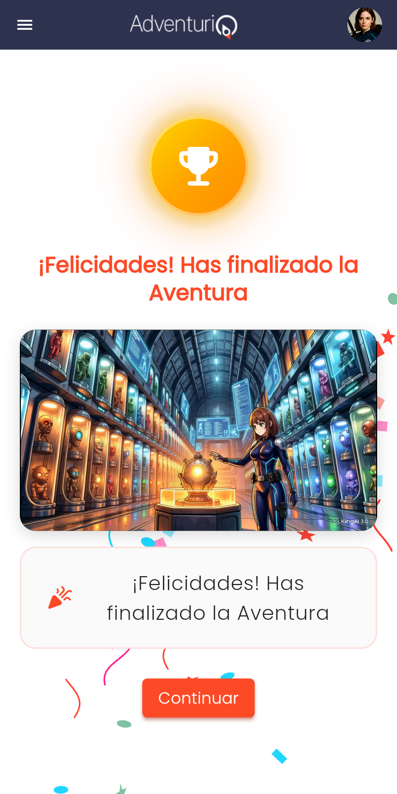 Pantalla de celebración del Final de Aventura — trofeo, mensaje "¡Felicidades! Has finalizado la Aventura", imagen configurada por el GM y confeti