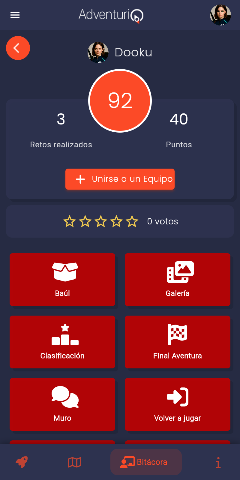 Bitácora en estado finalizado — la cuadrícula muestra ocho cuadrantes: los seis habituales más "Final Aventura" y "Volver a jugar"