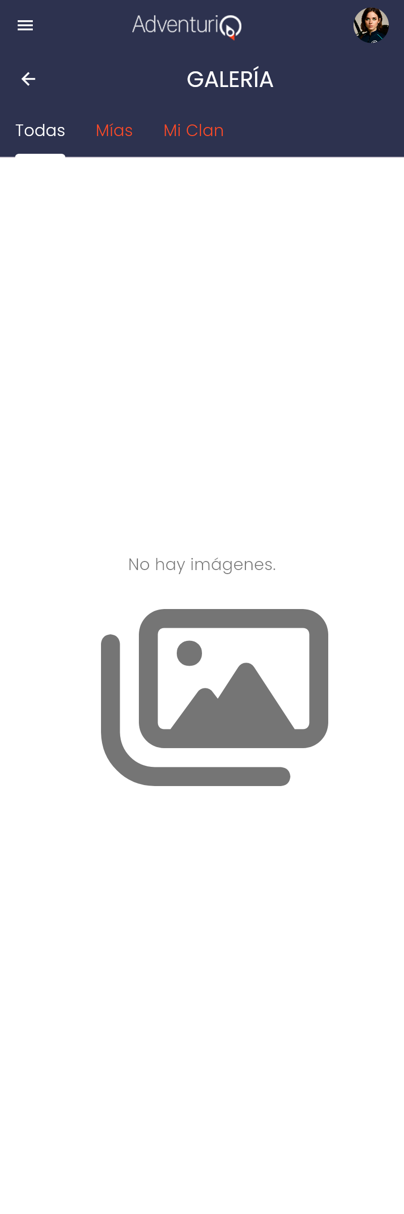 Pantalla de la Galería — pestañas Todas, Mías y Mi Clan para filtrar las imágenes de la Aventura