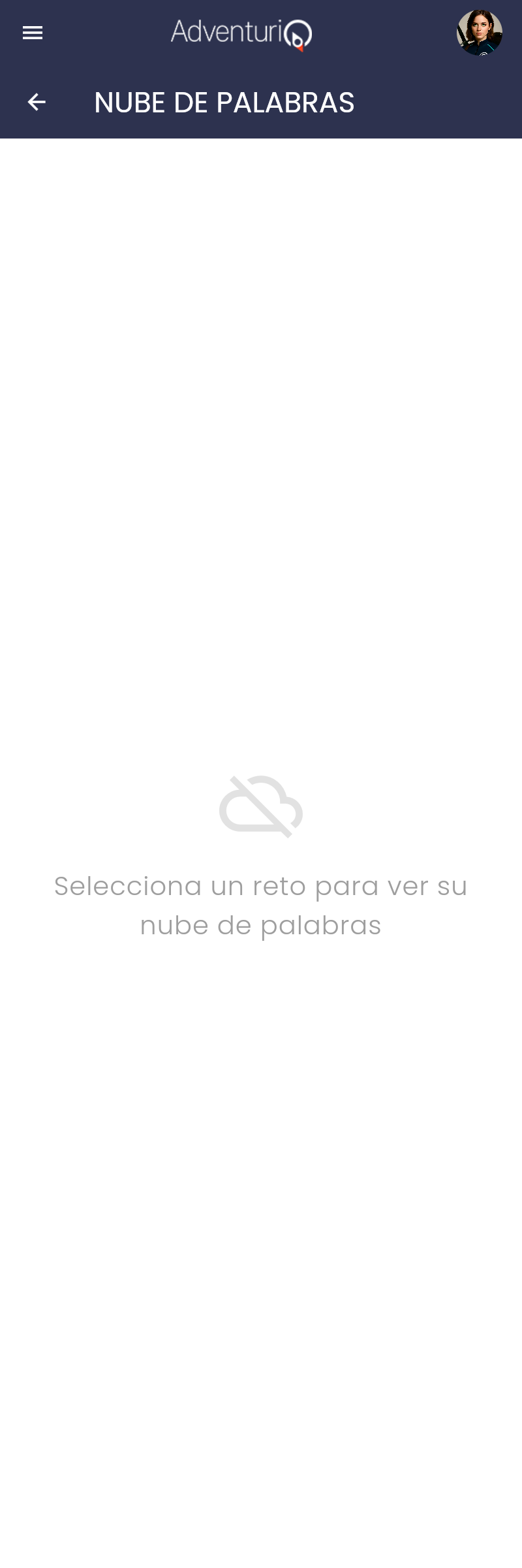 Pantalla de Nube de Palabras — vista inicial pidiendo seleccionar un Reto para ver la nube generada