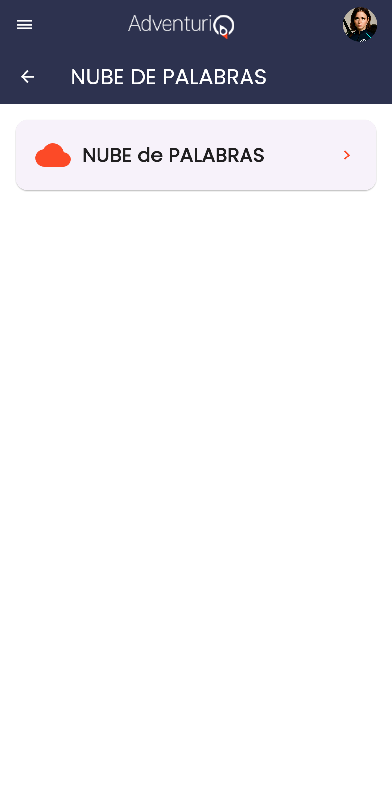 Lista de Retos de tipo Nube de Palabras en la Bitácora — header "NUBE DE PALABRAS" con un reto disponible