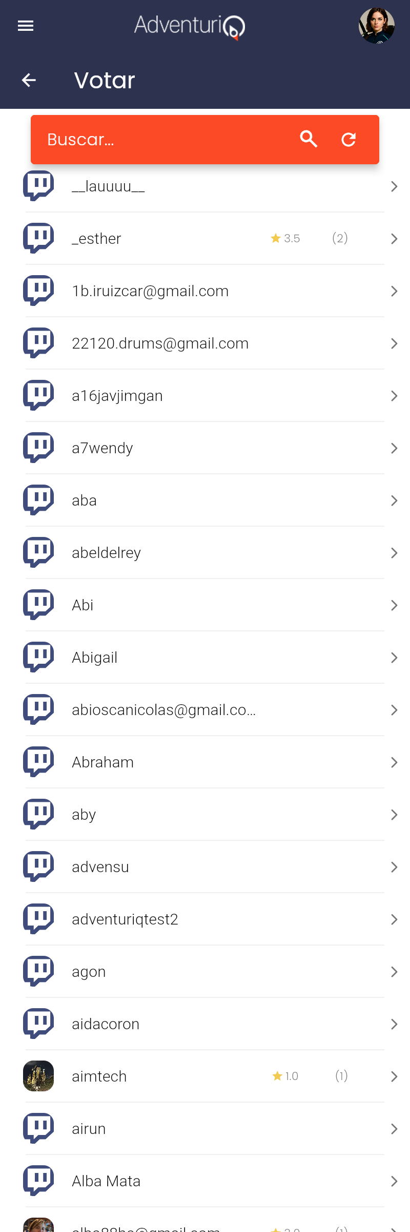 Pantalla de votación — lista alfabética de Players con campo de búsqueda y valoraciones recibidas