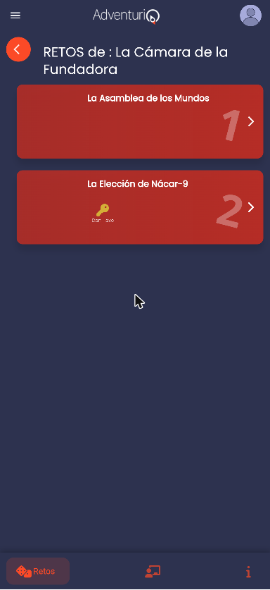 Listado de Retos en la Webapp — el segundo Reto muestra el icono de llave y la etiqueta Con llave