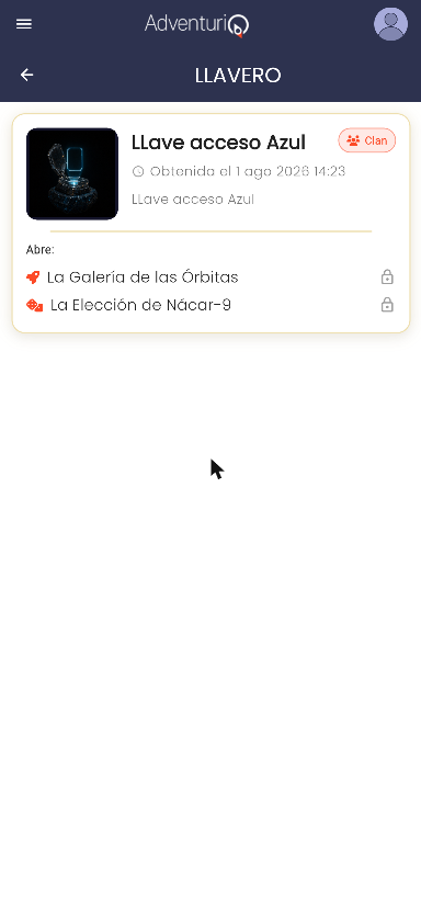 Llavero en la Bitácora — una llave con su fecha, distintivo de Clan y la lista de qué abre