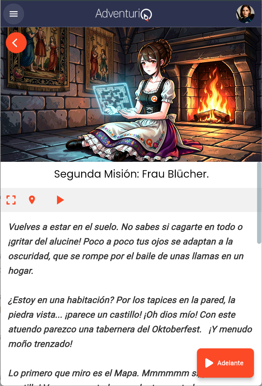 Vista del Player — detalle de una Misión con cabecera, nombre y listado de Retos