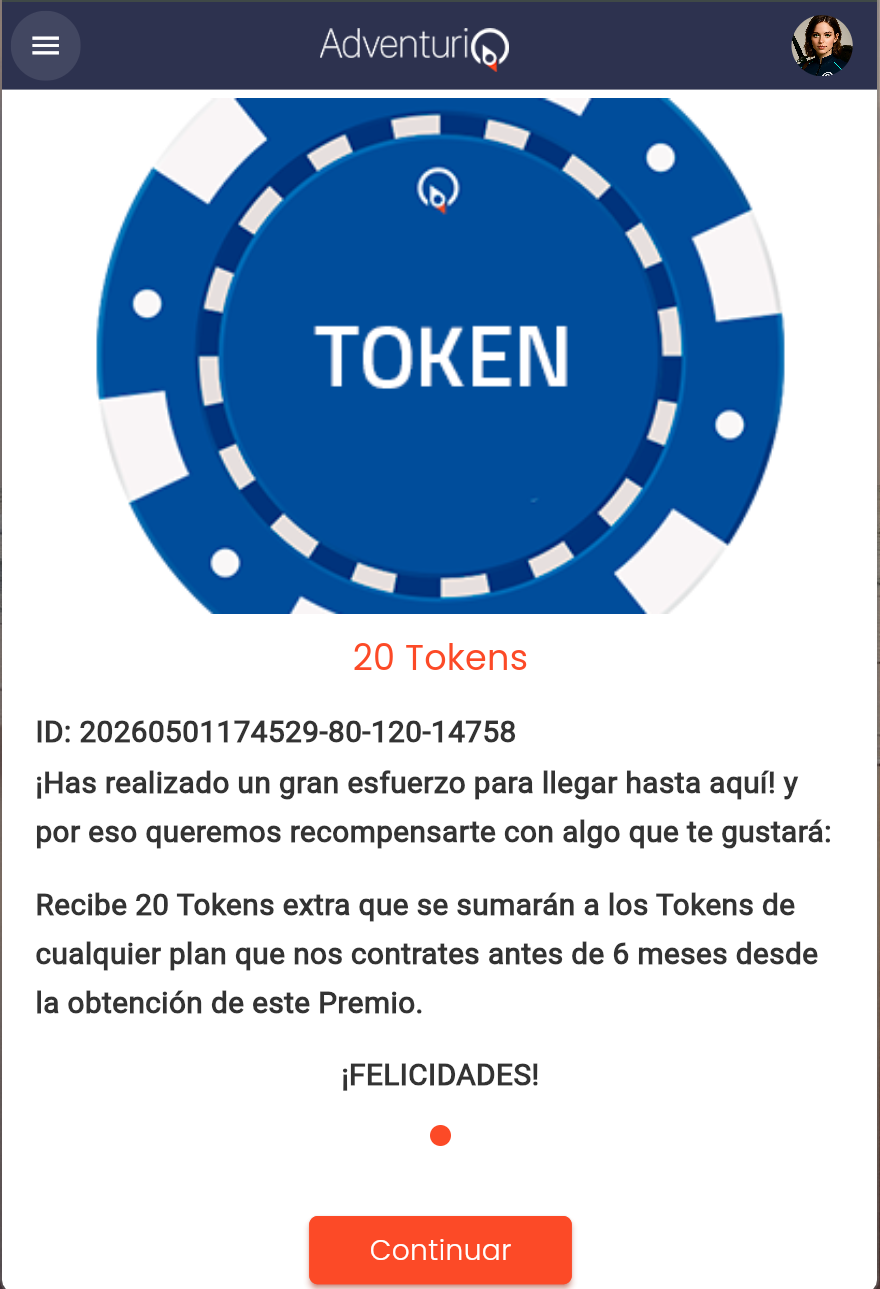 Vista del Player — Objeto Digital entregado al completar una Misión, con imagen, ID, descripción y botón Continuar
