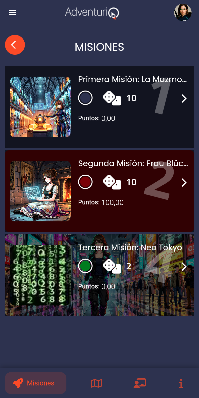Vista del Player — listado de Misiones de una Aventura en la Webapp, con imágenes, nombres, número de retos y puntos