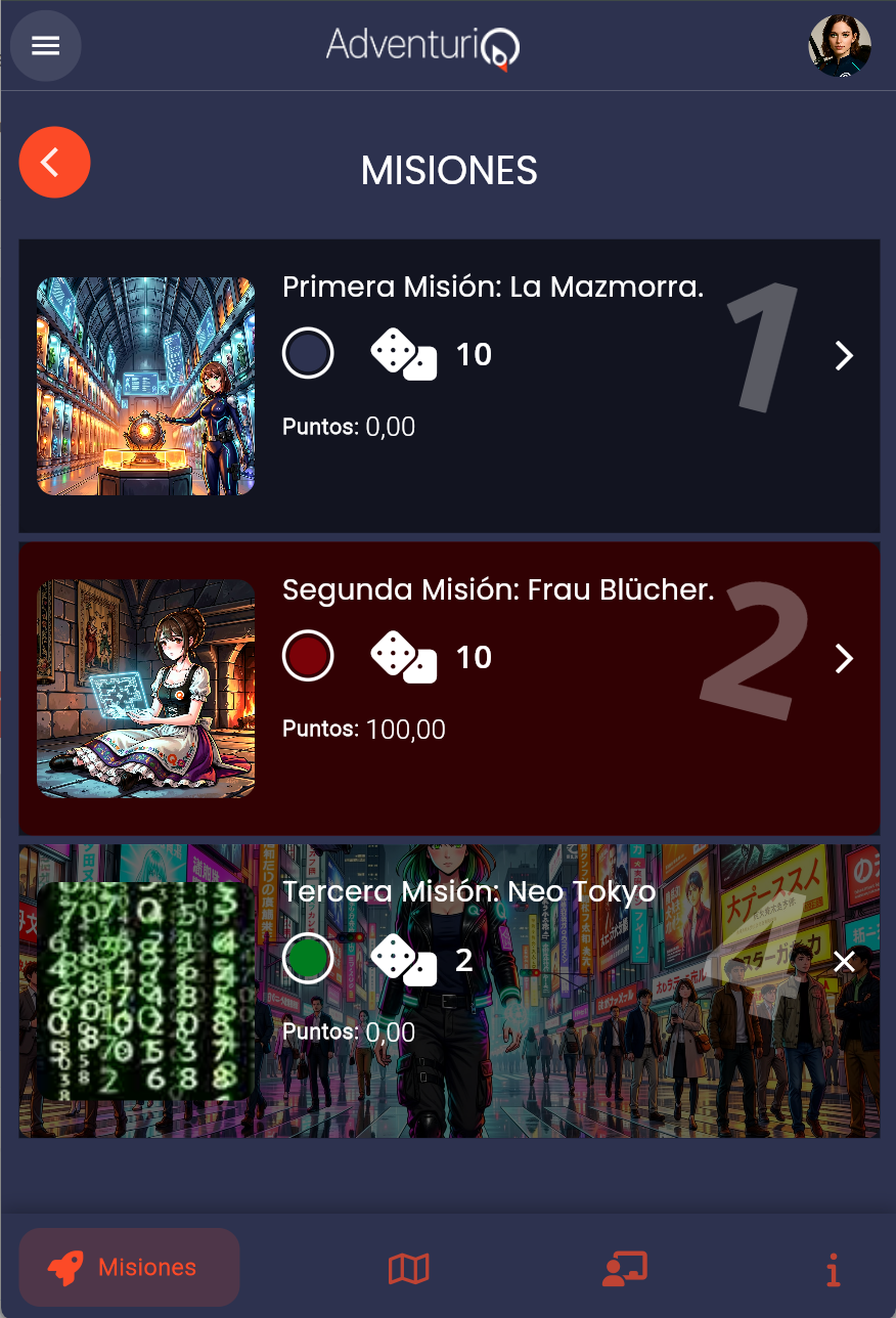 Vista del Player — listado de Misiones con la tercera Misión bloqueada (no jugable), marcada con una X roja