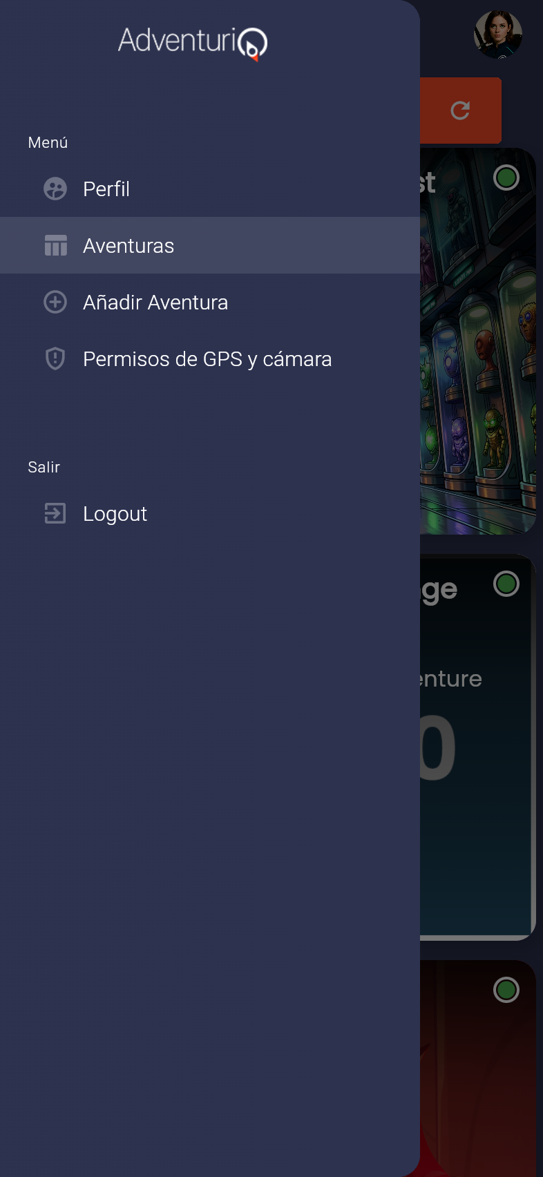 Menú lateral de la Webapp con la entrada "Permisos de GPS y cámara"
