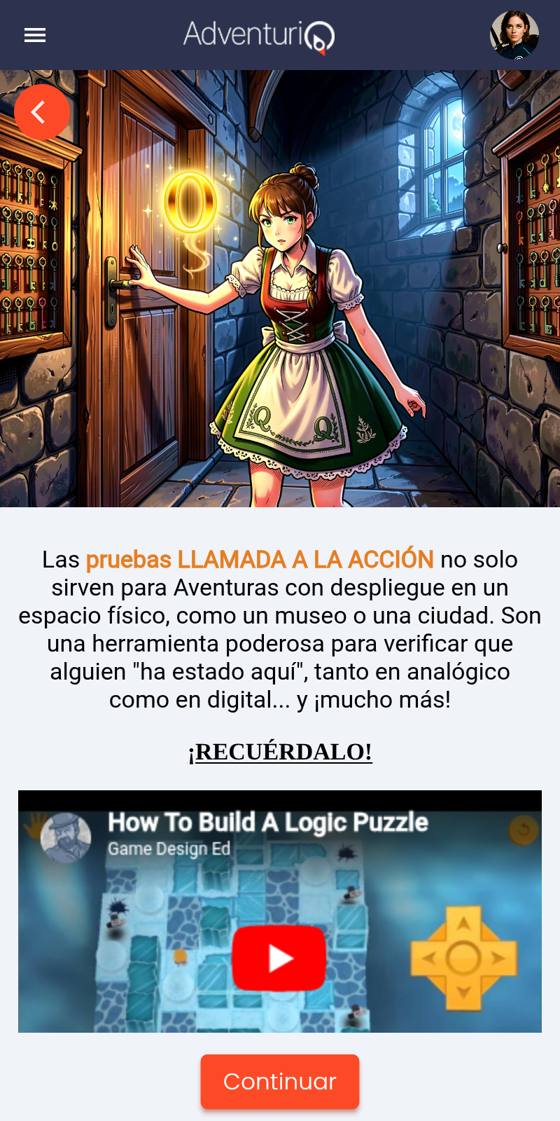 Vista móvil del Reto Llamada a la Acción — frase HTML con texto formateado, vídeo embebido y botón Continuar