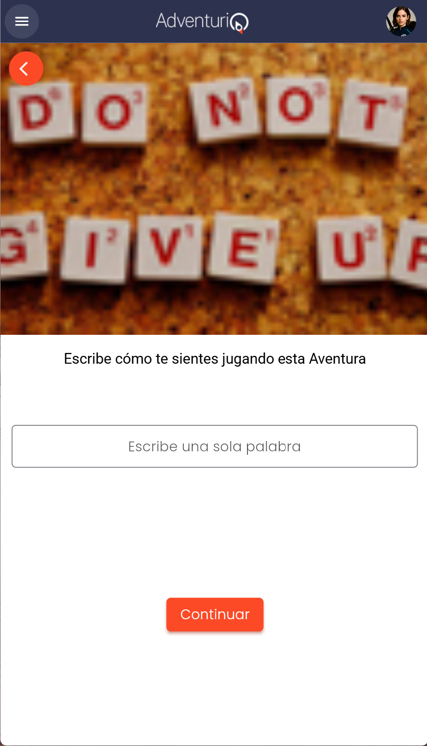Pantalla del Reto Nube de Palabras — imagen de cabecera, pregunta "Escribe cómo te sientes jugando esta Aventura", campo de texto y botón Continuar
