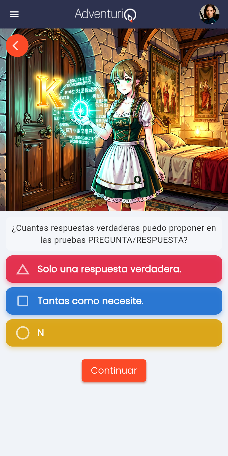 Vista móvil del Reto Pregunta/Respuesta — pregunta con opciones de colores estilo Kahoot y botón Continuar