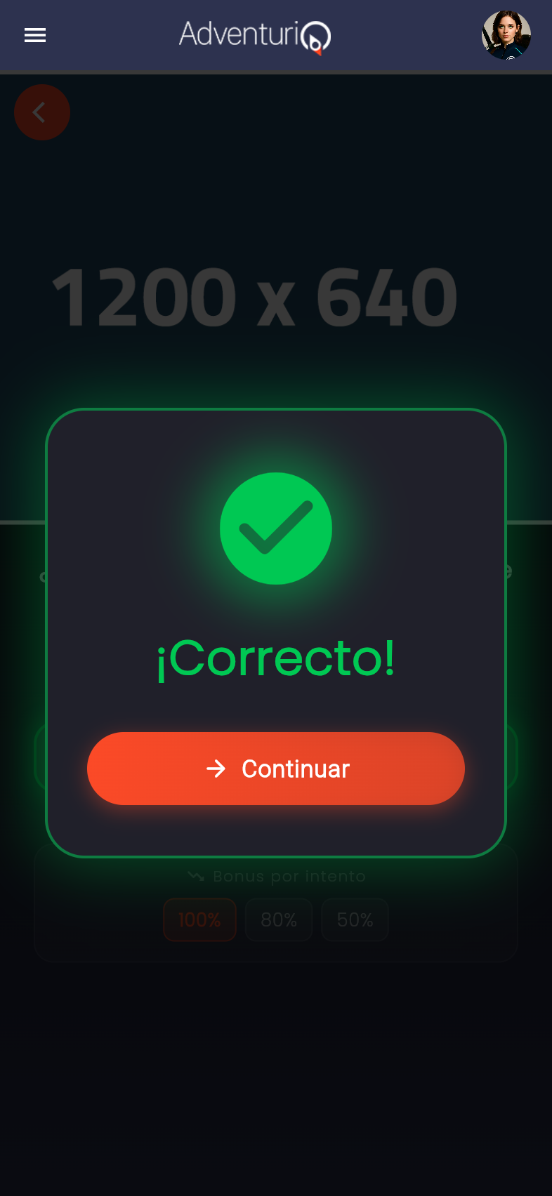 Feedback de acierto — mensaje verde a pantalla completa con la puntuación obtenida según el tramo de bonus alcanzado