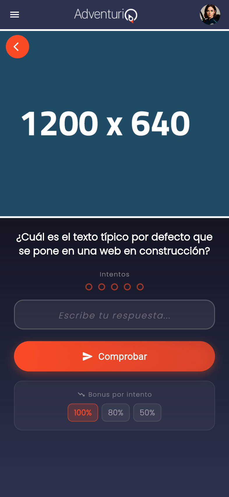 Vista móvil del Reto Respuesta Exacta — imagen de cabecera, pregunta, campo de texto, botón Comprobar y tramos de bonus (100%, 80%, 50%)