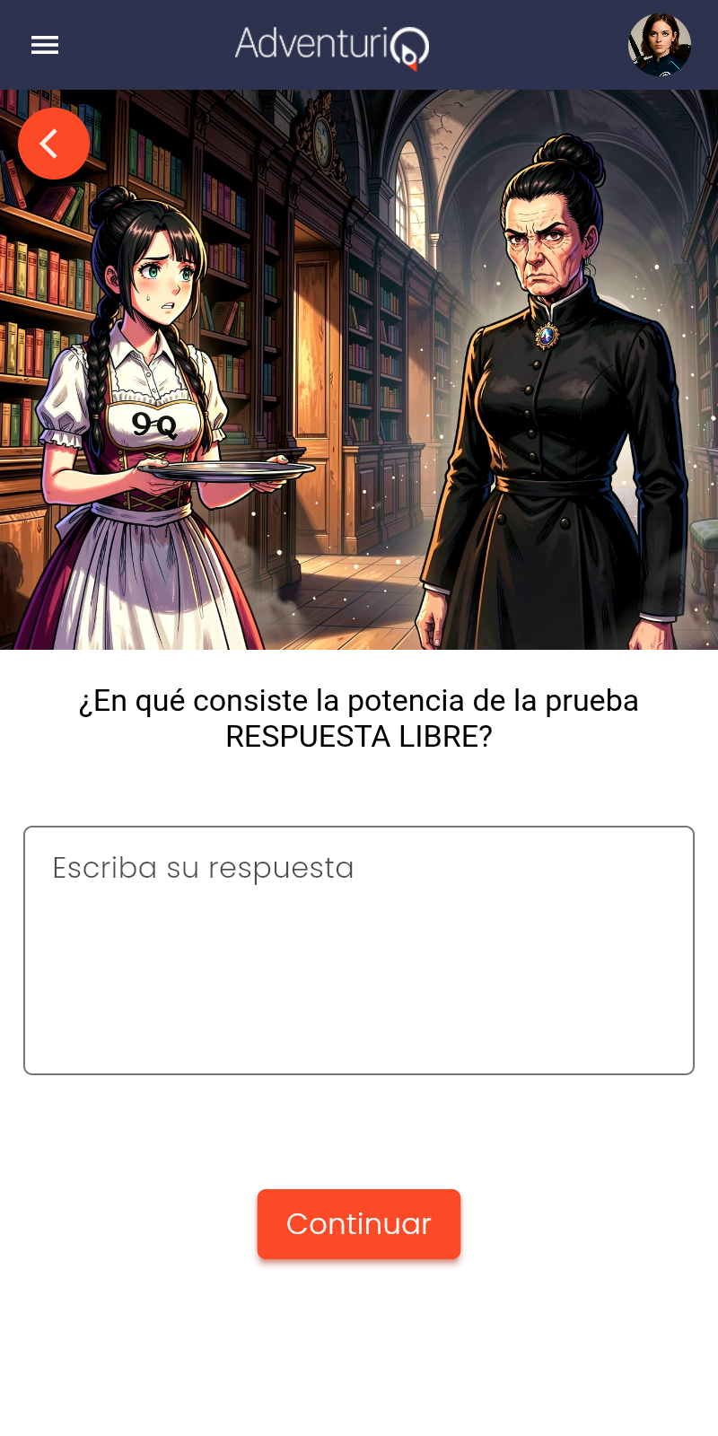 Vista móvil del Reto Respuesta Libre — enunciado, área de texto y botón Continuar