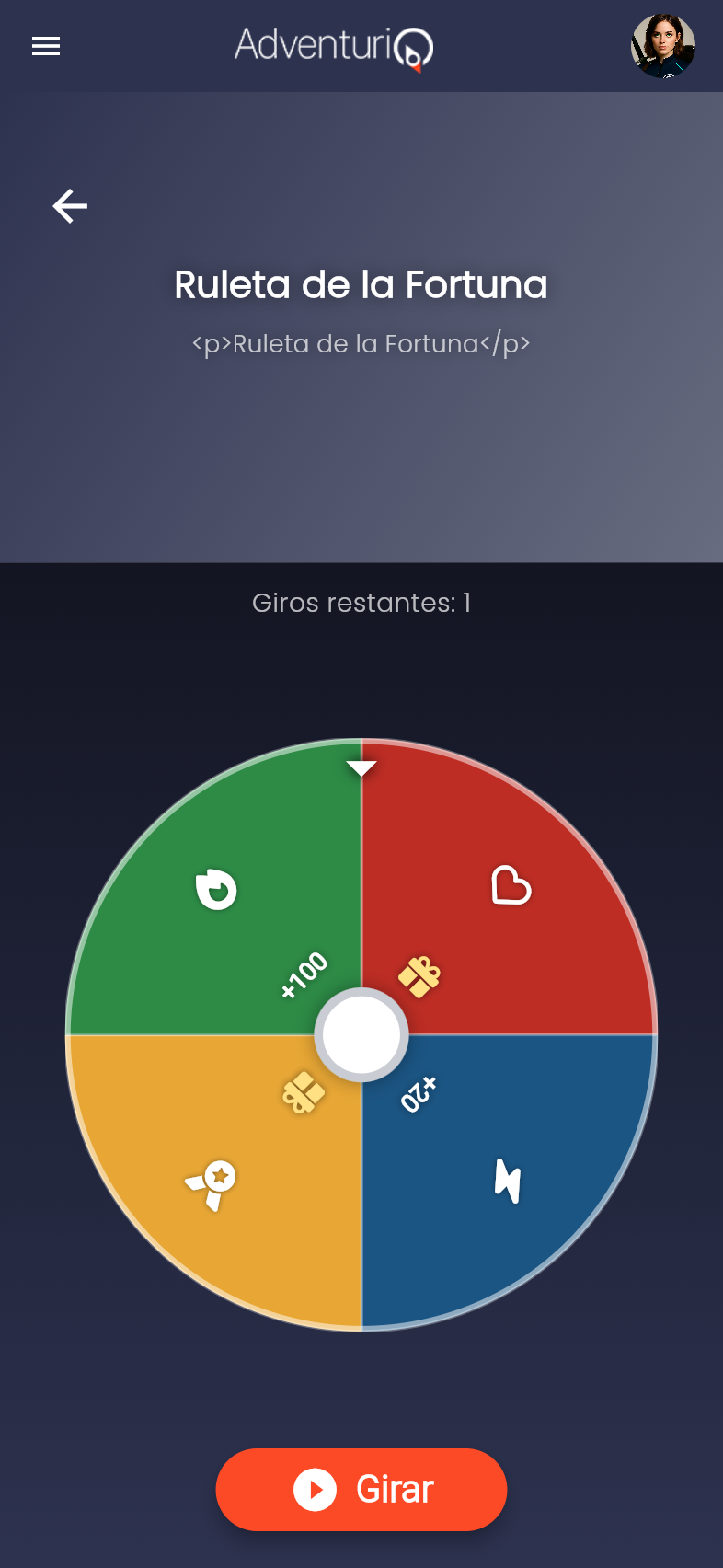 Vista móvil del Reto Ruleta de la Fortuna — cada porción muestra su icono y puntos (+100, 0★) o icono de regalo, con el botón Girar debajo