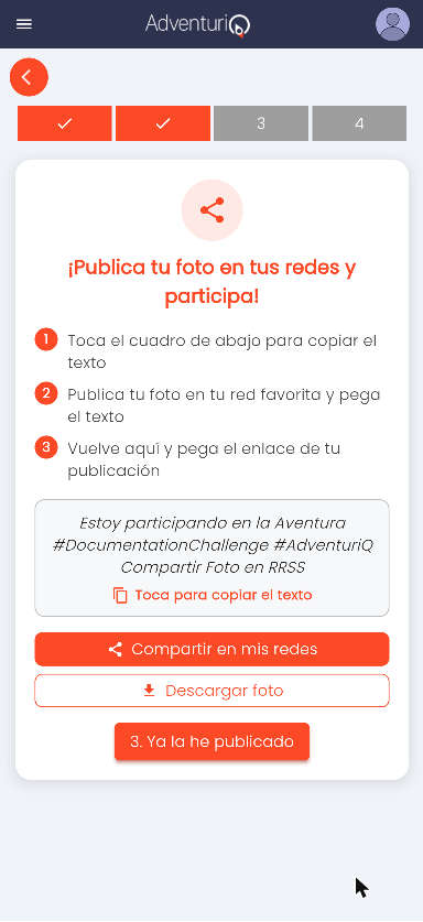 Pantalla de la Webapp donde el Player publica su foto en redes — instrucciones en 3 pasos, cuadro del texto y botones de compartir y descargar