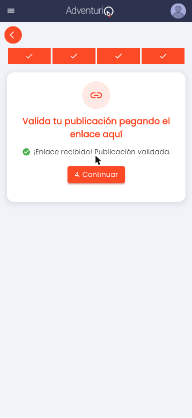 Confirmación de enlace recibido con las cuatro fases del Reto completadas