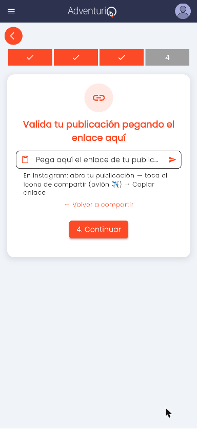 Pantalla de validación donde el Player pega el enlace de su publicación